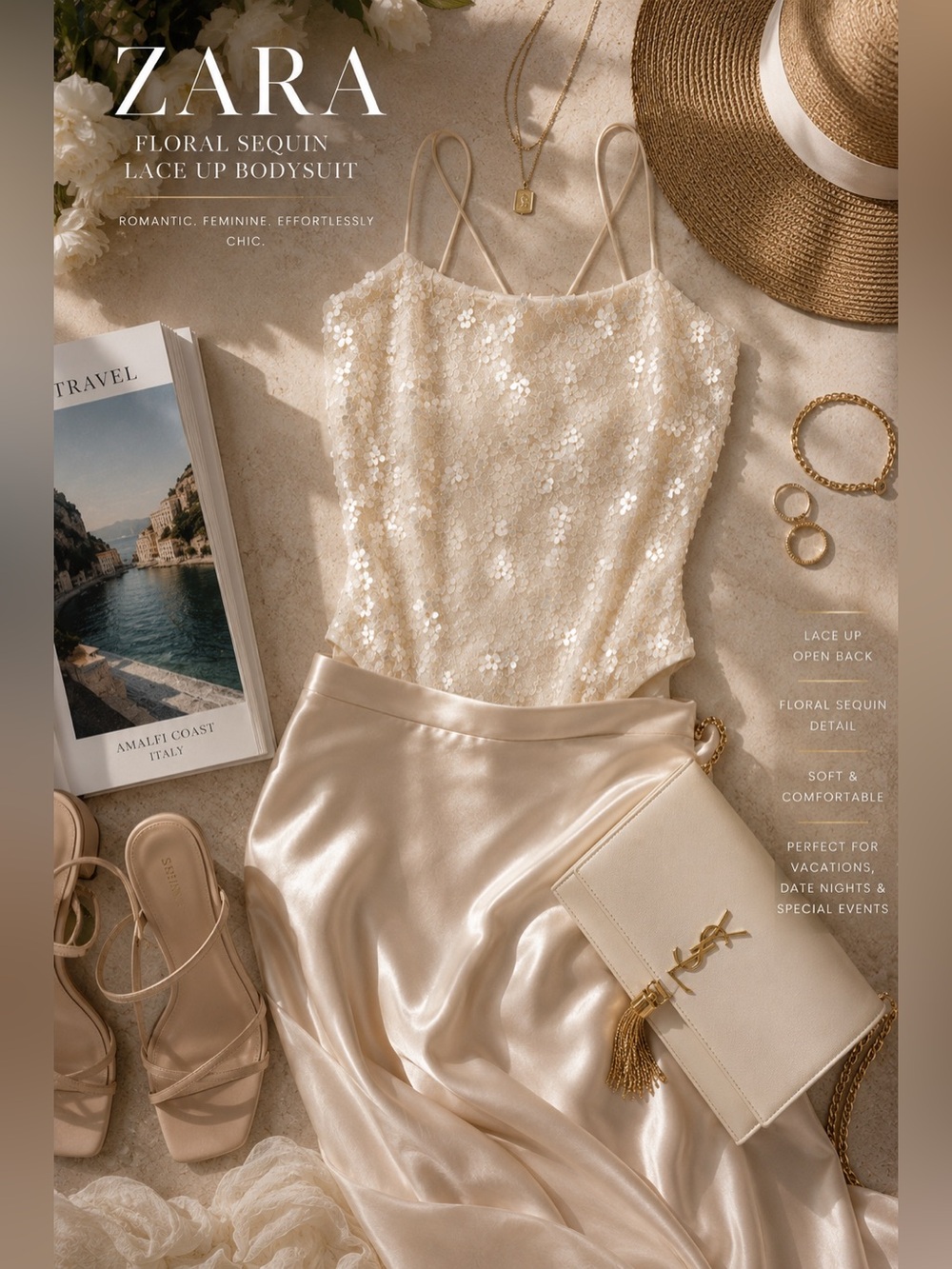 Zara NWT Ivory Floral Sequin Lace Up Back Bodysuit Romantic Coastal Chic - Picture 6 of 6